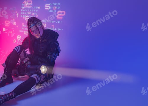Preview: Digital Futurism: Woman in Tactical Black Suit with Open Space for Text
