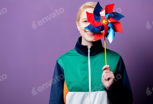 Preview: Style blonde woman in 80s clothes with pinwheel toy