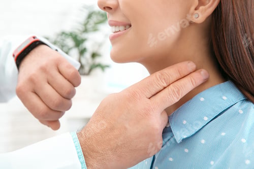 Preview: Doctor checking young woman's pulse with fingers in hospital, closeup