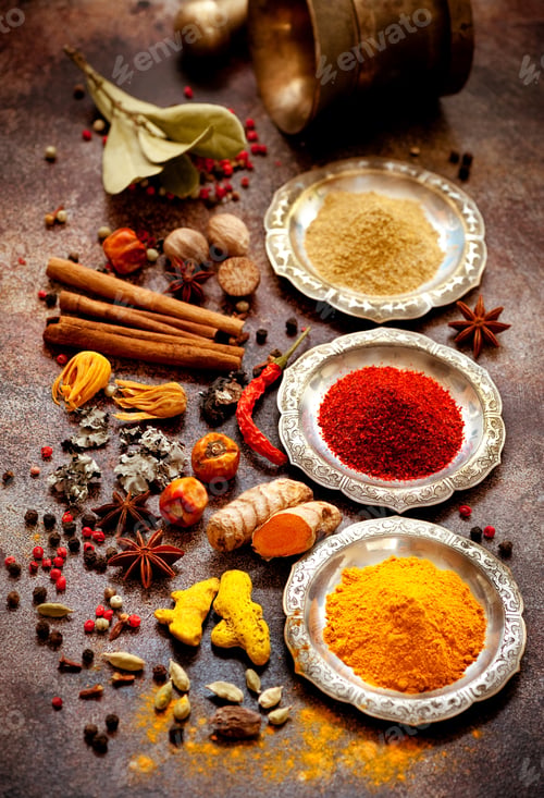 Preview: Indian Spices and herbs in silver bowls and old mortar