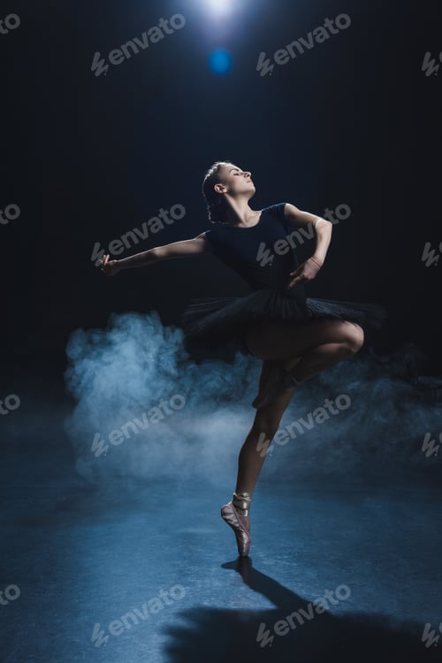 Preview: elegant ballerina dancing in pointe shoes and black tutu in studio with smoke
