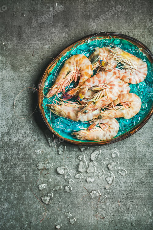 Preview: Raw uncooked tiger prawns on chipped ice, grey concrete background