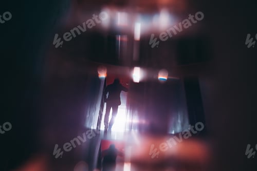 Preview: View from behind of male silhouette in dark hall