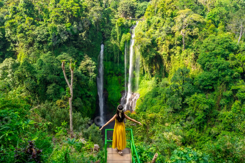 Preview: Young Asian woman traveler enjoying at Sekumpul waterfall the tourist destination in Bali, Indonesia