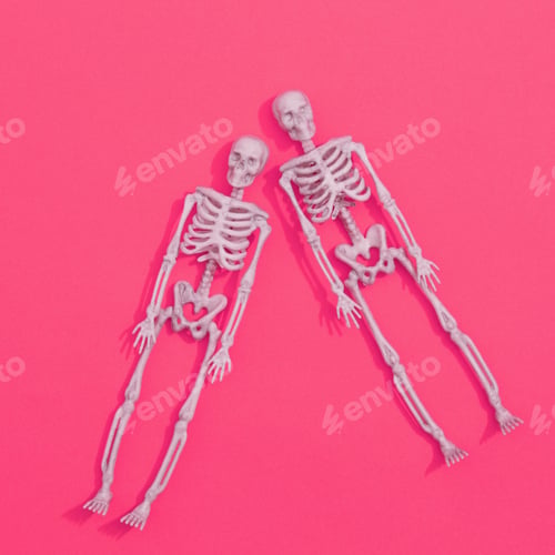 Preview: Love or Halloween concept. Two skeletons on pink background. Minimalism. Concept art