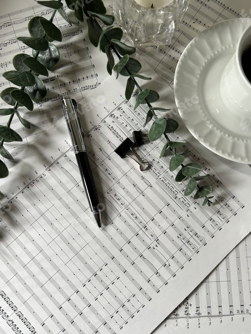 Preview: Top view of music sheets with coffee, pen and eucalyptus