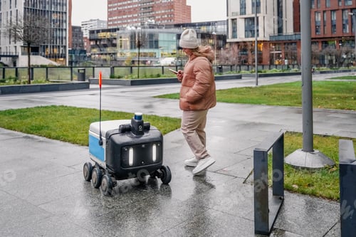 Preview: Autonomous delivery robot moves on wet sidewalk. Smartphone app tracking parcel, contactless