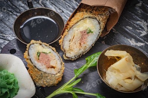 Preview: Still Life. Japanese Cuisine- Roll In A Package. Flat Lay