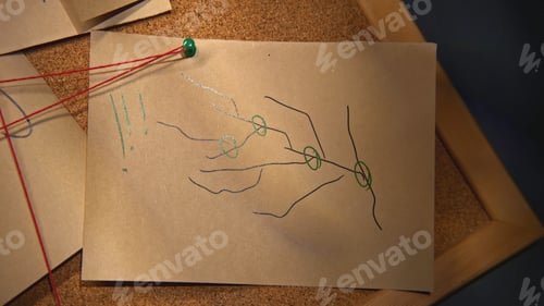 Preview: Board with notes and threads. Stock footage. Rebus on notes with red thread. Close-up of mysterious
