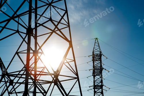 Preview: industrial landscape. Silhouette High voltage electric tower on sunset time and sky on sunset