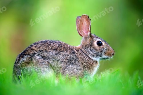 Preview: Grey small hare eating grass on summer field. Wild rabbit in nature