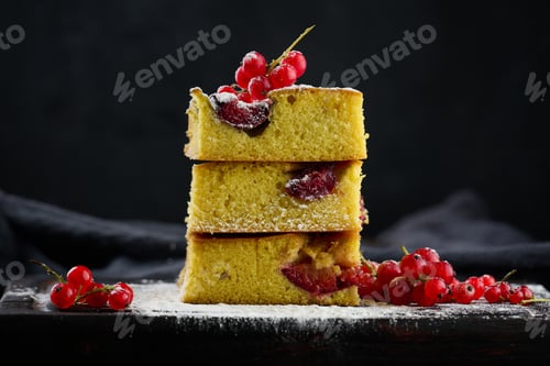 Preview: A stack of square slices of baked plum biscuit cake