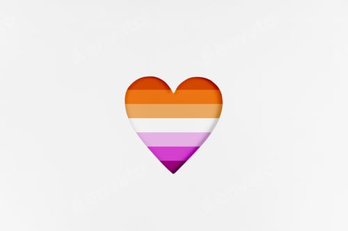 Preview: Lesbian flag on Heart shape isolated on white cardboard background