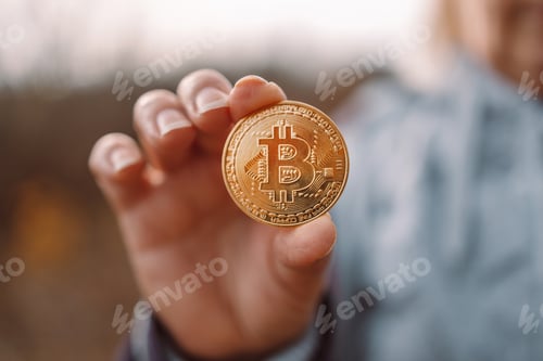 Preview: Golden bitcoin in a business woman hand outdoors. Cryptocurrency concept, investing in crypto