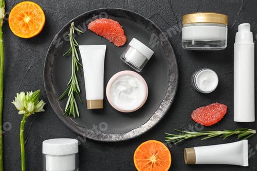 Preview: Beautiful composition with cosmetics on dark background, flat lay