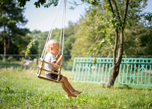 Preview: Little boy playing on swing in backyard at coutryside