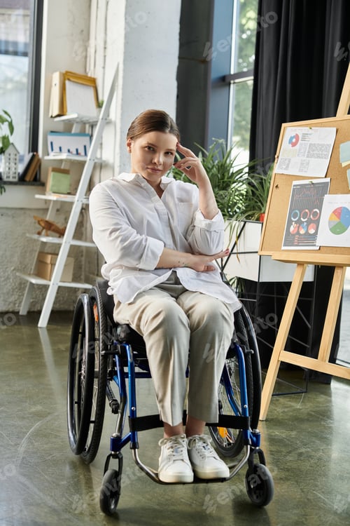 Preview: Young businesswoman in wheelchair at modern office