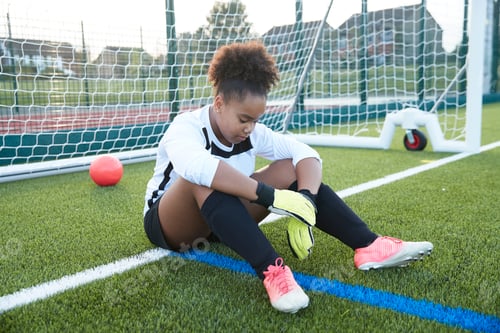 Preview: Young soccer player lacing up on the field.