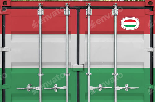 Preview: Hungary flag depicted on metal doors of shipping cargo container outdoors in docks area