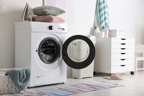 Preview: Laundry room interior with washing machine, basket and detergents