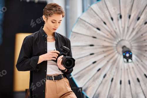 Preview: attractive young woman in casual attire taking photos with her modern camera in her studio