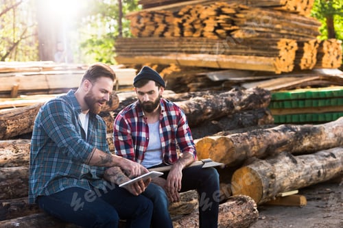 Preview: bearded lumberjacks sitting on logs with axe and digital tablet at sawmill