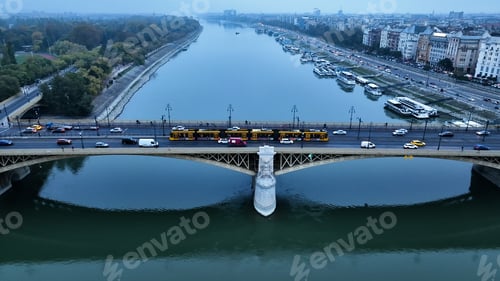 Preview: Aerial view of Budapest Margaret Bridge or Margit hid over River Danube, Hungary
