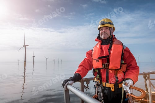 Preview: Portrait of engineer on boat at offshore windfarm