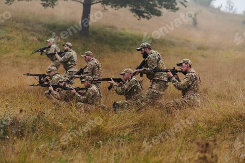 Preview: A disciplined and specialized military unit, donned in camouflage, strategically patrolling and