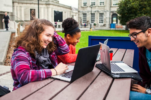Preview: Three friends laugh while working on laptops outdoors