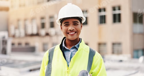 Preview: Portrait, engineer and woman with construction site, helmet and confidence with smile. Person, arch