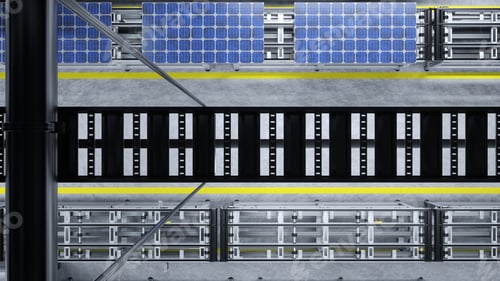Preview: Aerial shot of PV cells in modern automated facility, 3D render