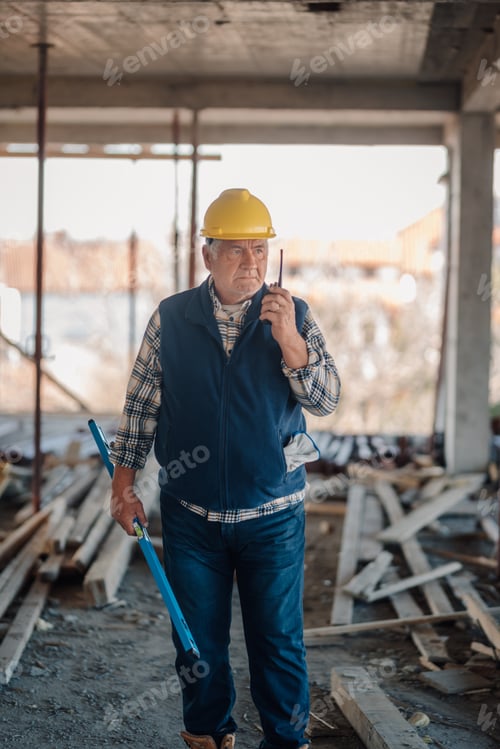 Preview: Construction worker using walkie-talkie and holding level tool on site