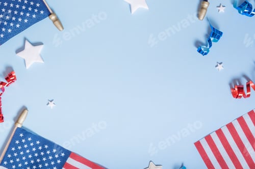 Preview: USA Independence day concept. USA flags and Red and blue spirals and white stars