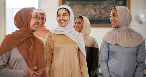 Preview: Smile, talking or Muslim woman in mosque to worship for Palestine, gratitude or support to Allah. H