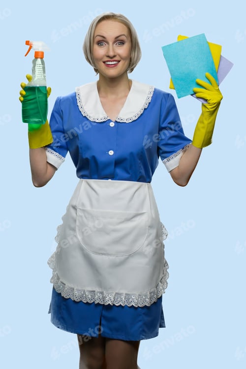Preview: Excited cleaner maid woman.