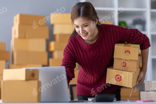 Preview: Startup small business entrepreneur SME, asian woman receive order on phone. Success young Asian sma