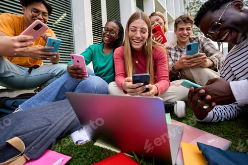 Preview: Group of young multiracial university students immersed on their mobile cell technology addicted