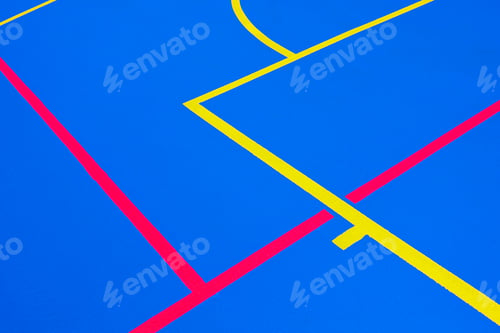 Preview: Design of a sports field, with blue background and red and yellow white lines