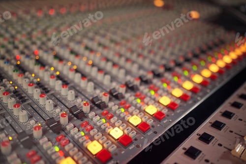 Preview: Background lights on radio mixer, sound board and production in music industry, broadcast or scales