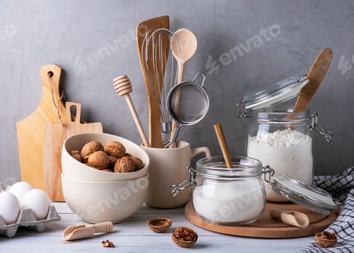 Preview: Kitchen utensils and containers. Ingredients for baking pie