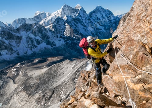 Preview: Nepal, Himalaya, Solo Khumbu, Ama Dablam South West Ridge, mountaineer climbing up rocks