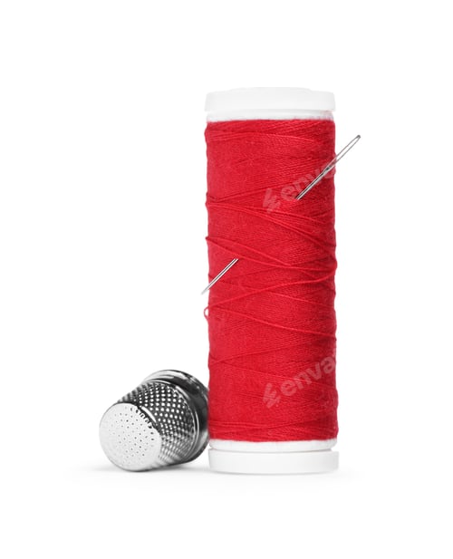 Preview: Spool of red thread with needle and thimble isolated on white
