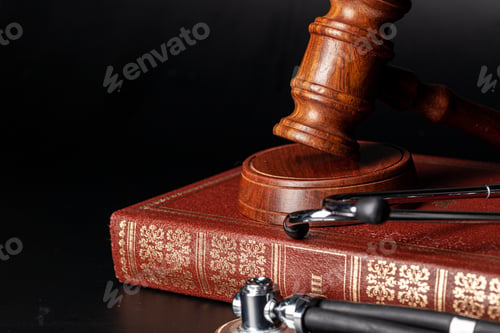 Preview: Wooden gavel and juridical books close up