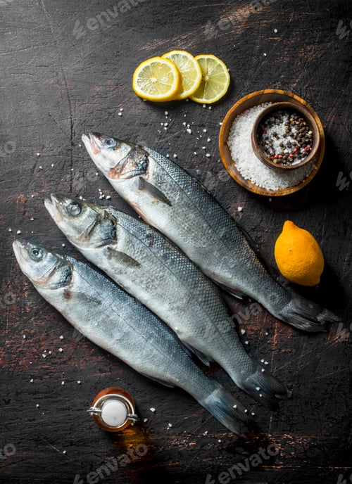 Preview: Raw sea bass fish with sliced lemon and spices.