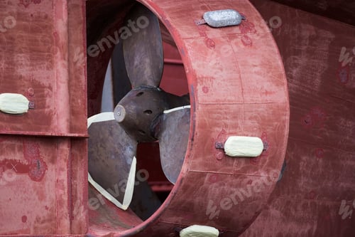 Preview: Detail of red ship hull and propeller in ship painters yard