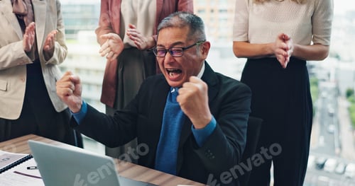 Preview: Businessman, applause and team celebrate on laptop for achievement, success or clapping. Excited, w