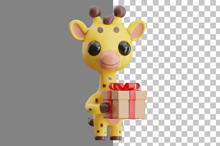 Preview: Giraffe Character Holding Gift Present 3D Illustration