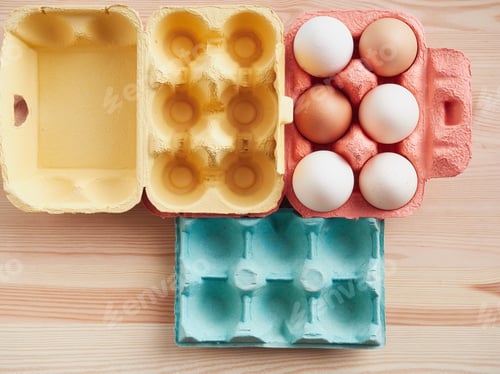 Preview: Coloured eggs packaging. Easter concept. Top view