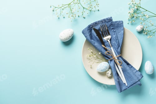 Preview: Easter table setting on blue.